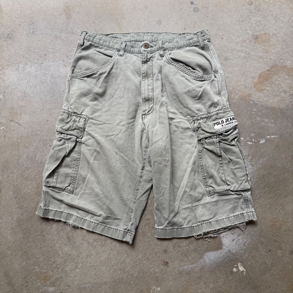 Polo Jeans Co Ralph Lauren Mens Olive Green Distressed Cargo Shorts